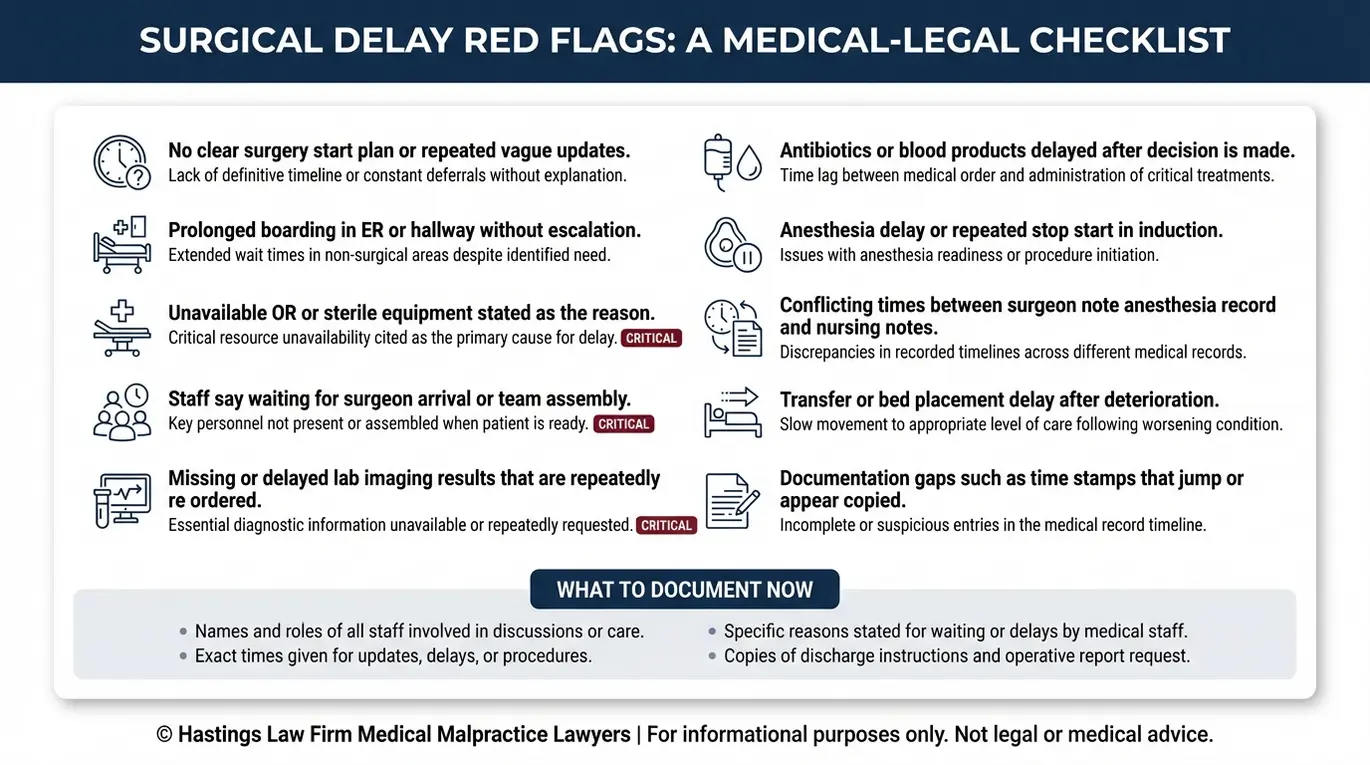 Warning checklist of operating room delay red flags used by a Texas Delayed or Prolonged Surgery Lawyer to spot systemic failures miscommunication and documentation gaps.