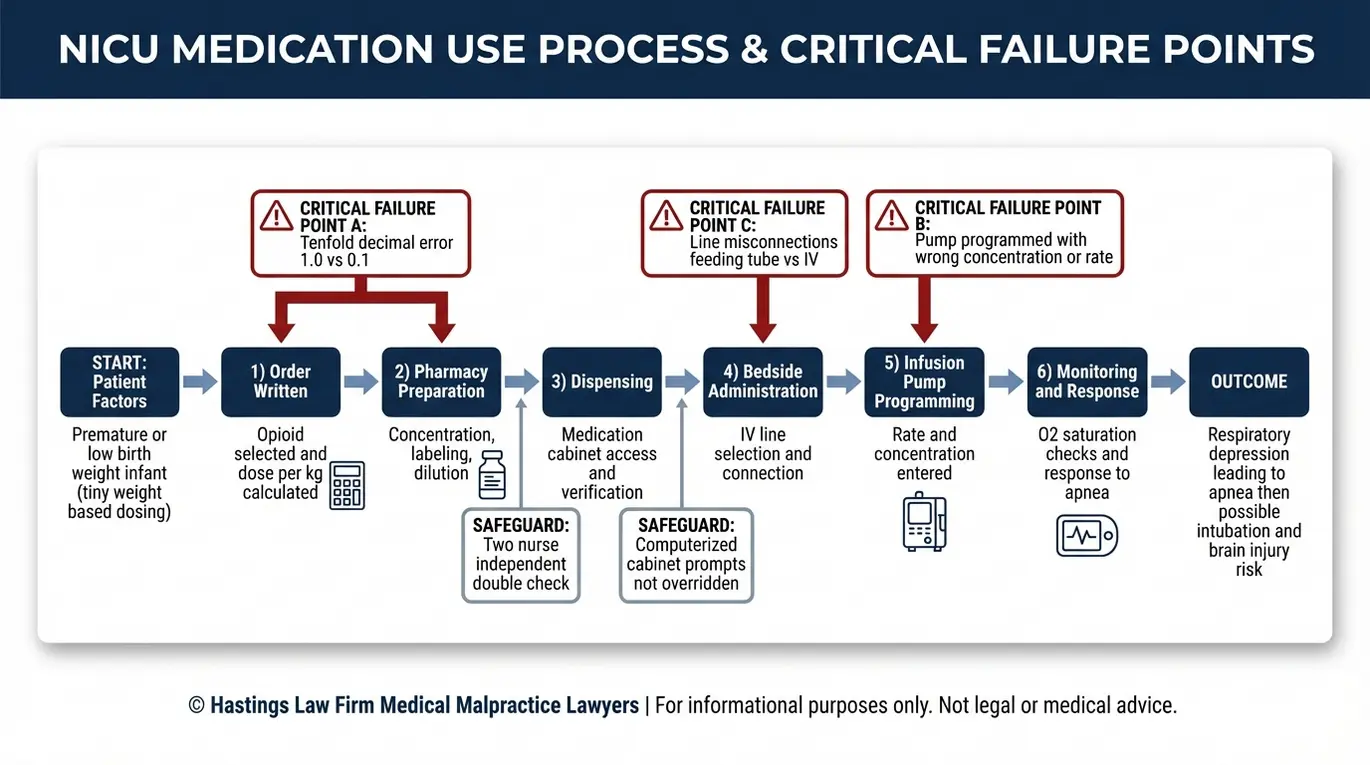 Flowchart explaining how Texas Infant Opioid Oversedation Lawyer cases arise from NICU ordering errors pharmacy labeling mistakes infusion pump programming failures and monitoring delays that can lead to infant apnea and brain injury.