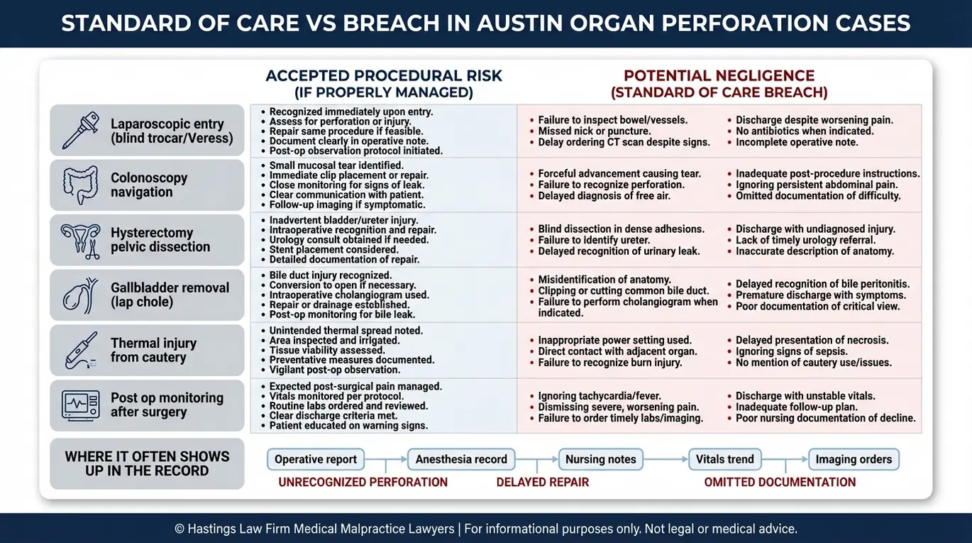 Tabla comparativa que muestra el estándar de cuidado frente a las infracciones por negligencia en un caso de Austin Organ Puncture or Perforation Lawyer con escenarios de procedimientos comunes y pruebas clave de registros médicos.