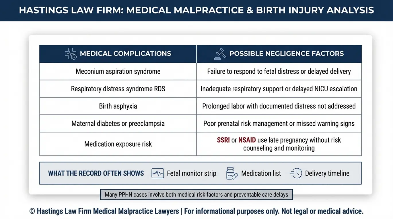 Comparison chart summarizing PPHN complications versus potential negligence factors including fetal distress response, prenatal risk management, and SSRI exposure considerations relevant to a Texas Persistent Pulmonary Hypertension Lawyer review.