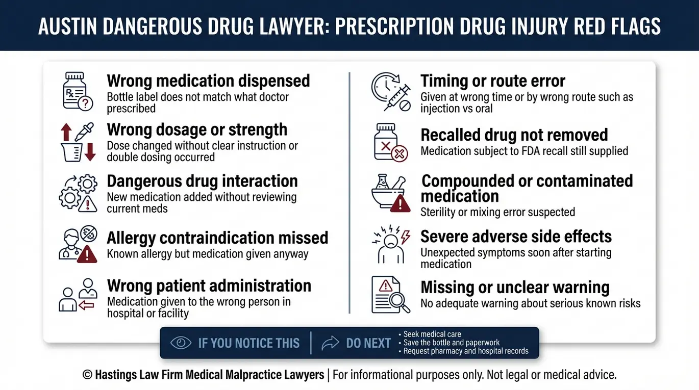 Austin Dangerous Drug Lawyer warning checklist of prescription drug injury red flags including wrong drug wrong dose interactions missed allergies recalls contamination and severe adverse side effects.