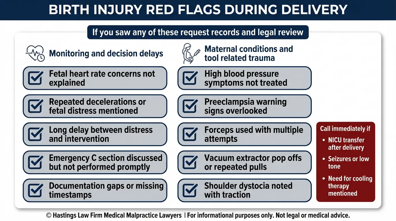 Warning checklist of delivery and hospital red flags for possible negligence that a Dallas Birth Injury Lawyer reviews including fetal distress delays preeclampsia concerns and forceps or vacuum trauma.