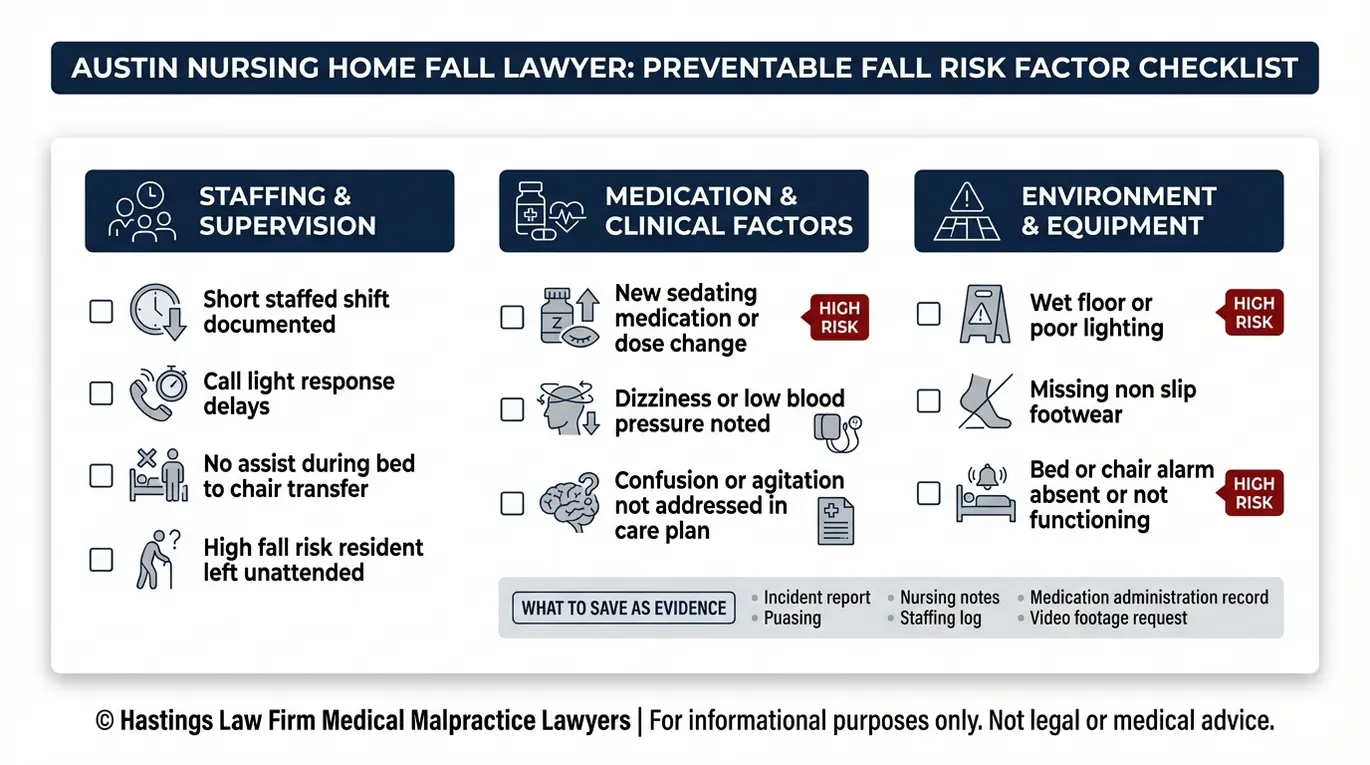 Checklist of preventable nursing home fall risk factors and evidence to save for an Austin Nursing Home Fall Lawyer case review.