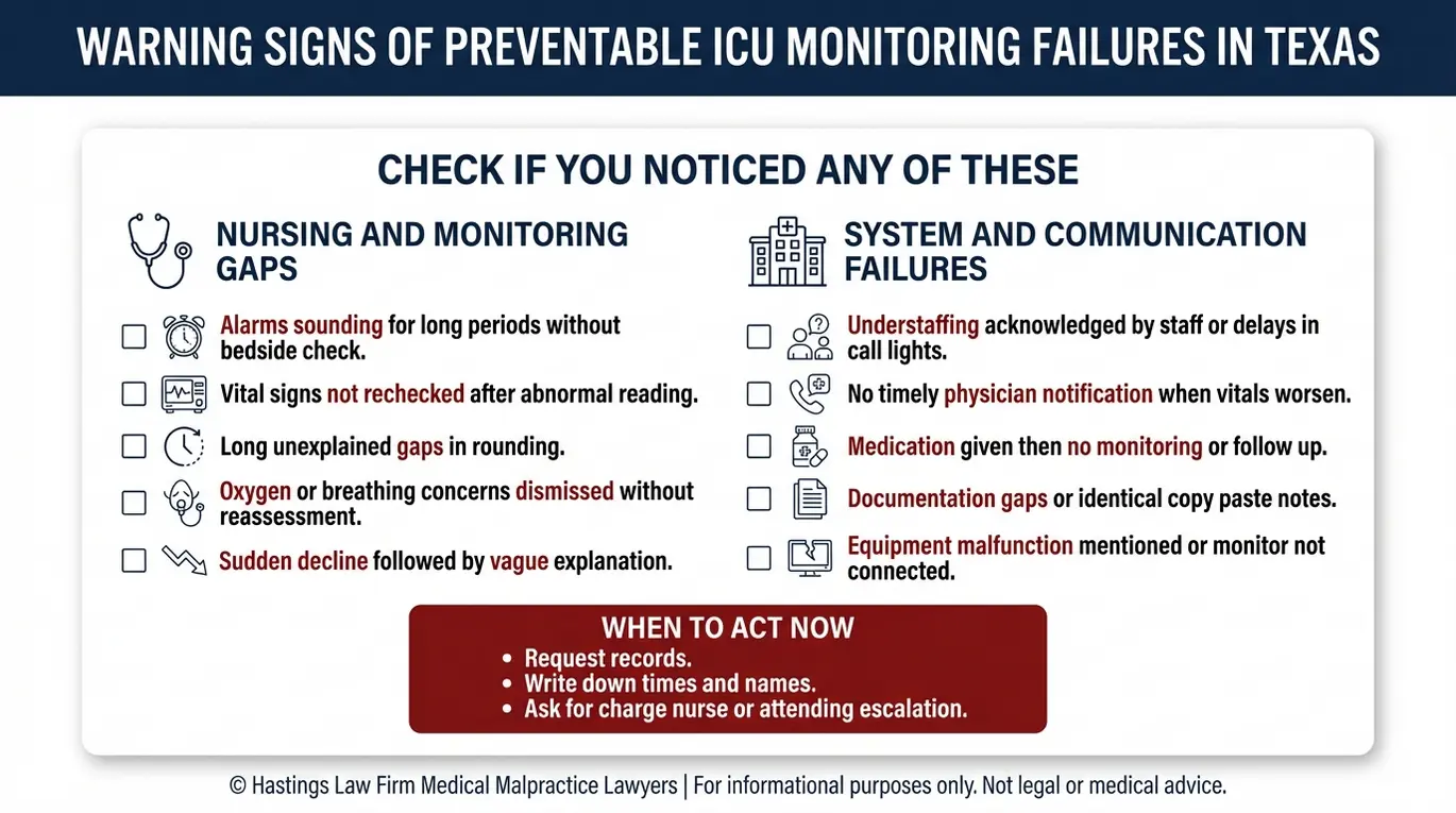 Warning checklist of red flags for ICU neglect that a Texas ICU Monitoring Failure Lawyer uses to assess alarm fatigue staffing gaps communication failures and monitoring documentation issues.