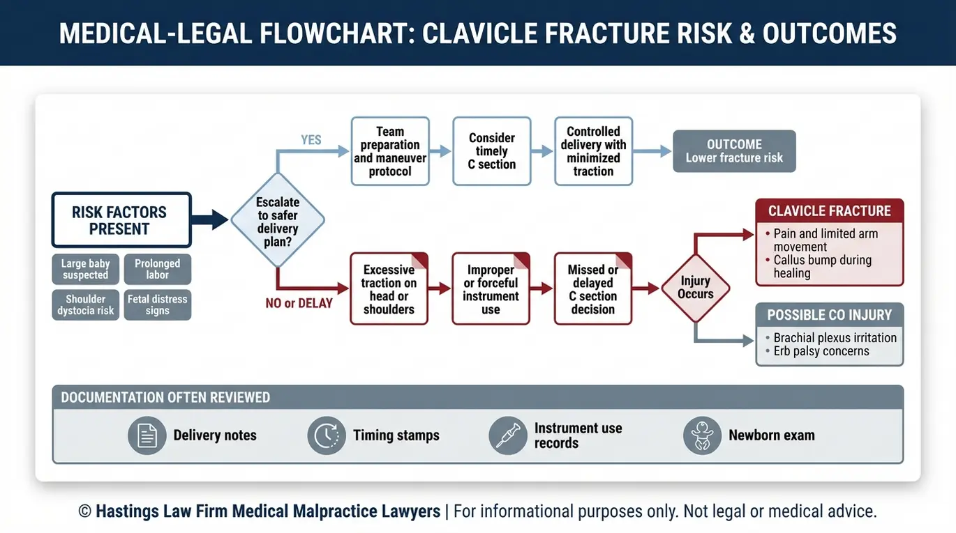 Diagrama de flujo que explica cómo las decisiones relacionadas con la distocia de hombros y el uso de instrumentos pueden provocar una fractura de clavícula en el recién nacido, información relevante para el análisis de un abogado especializado en lesiones por fractura de clavícula durante el parto en Arizona.