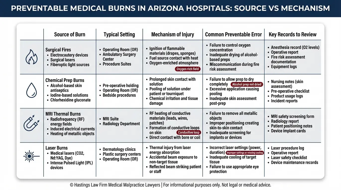 Comparison chart explaining common preventable hospital burn mechanisms for an Arizona Medical Burn Lawyer including surgical fires chemical burns MRI thermal burns and laser burns.