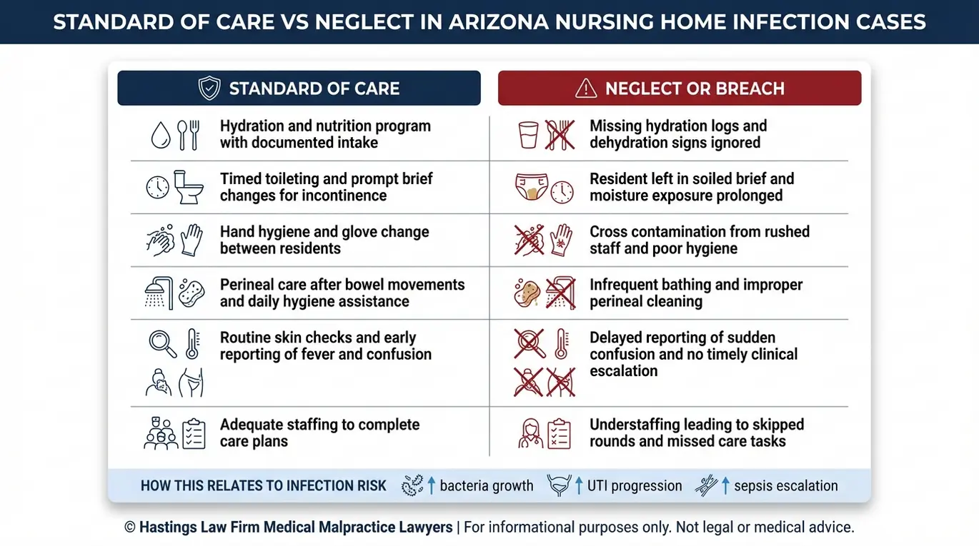 Tabla comparativa que muestra los casos de atención médica estándar frente a los de negligencia, utilizada por un abogado especializado en infecciones en hogares de ancianos de Arizona para demostrar las causas evitables de infecciones urinarias y sepsis.