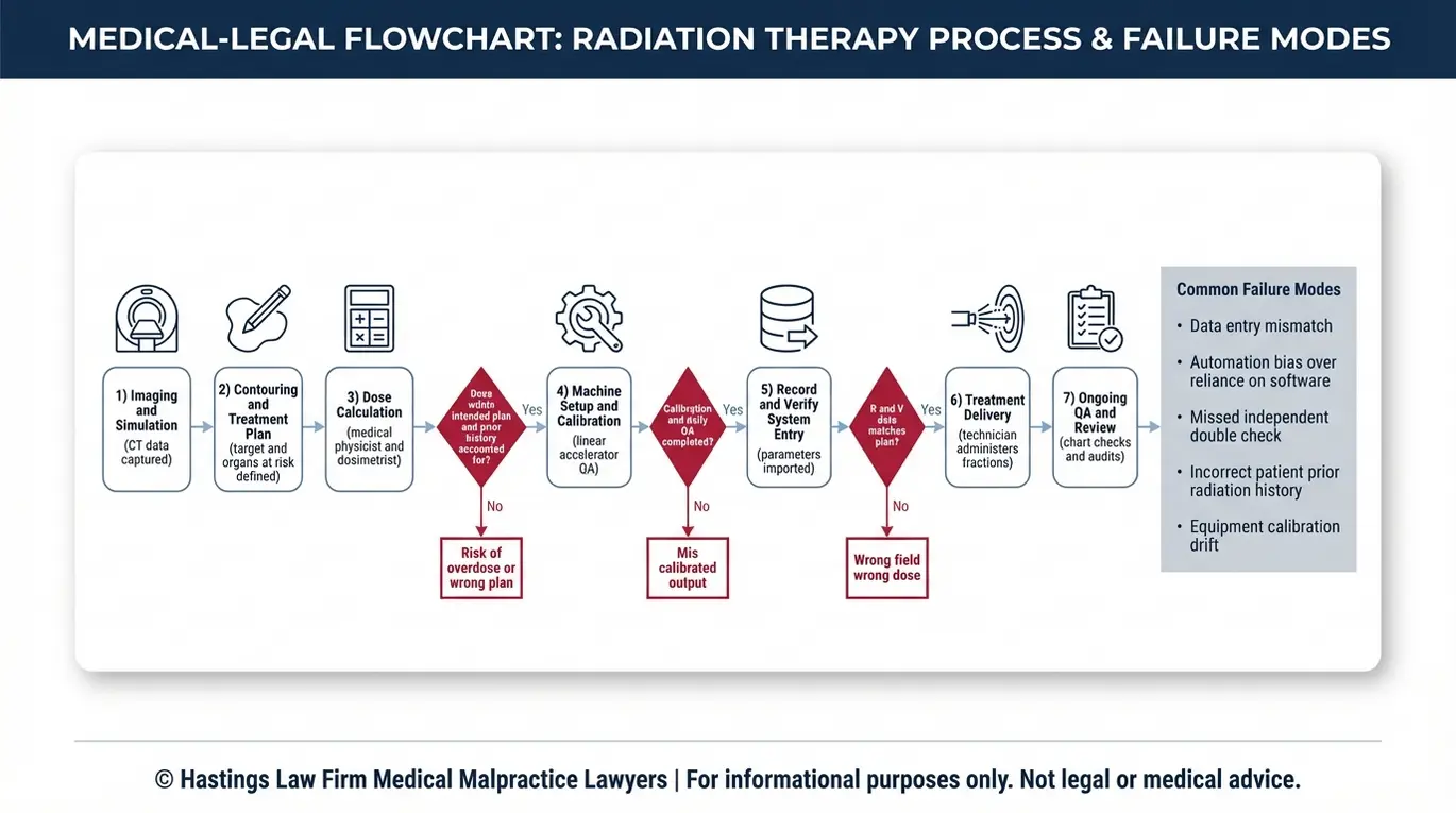 Diagrama de flujo para un abogado especializado en negligencia médica de oncólogos radioterapeutas Texas, que ilustra cómo los pasos de verificación de registros de calibración y administración del software de planificación de la radioterapia pueden provocar una sobredosis de radiación o lesiones en una zona incorrecta.