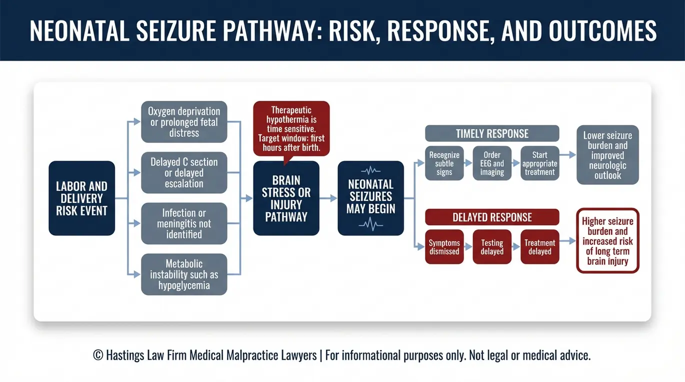 Process flowchart for Texas Untreated Infant Seizure Lawyer education showing how oxygen deprivation delayed C section infection or hypoglycemia can trigger neonatal seizures and how timely evaluation versus delays affects outcomes.