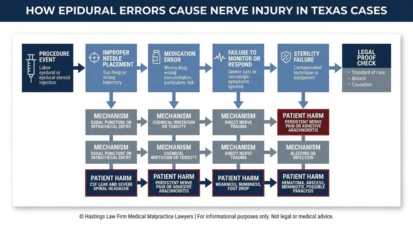 Flowchart showing how errors in a Texas epidural injection can breach the standard of care and cause nerve injury for a Texas Epidural Injection Injury Lawyer case.
