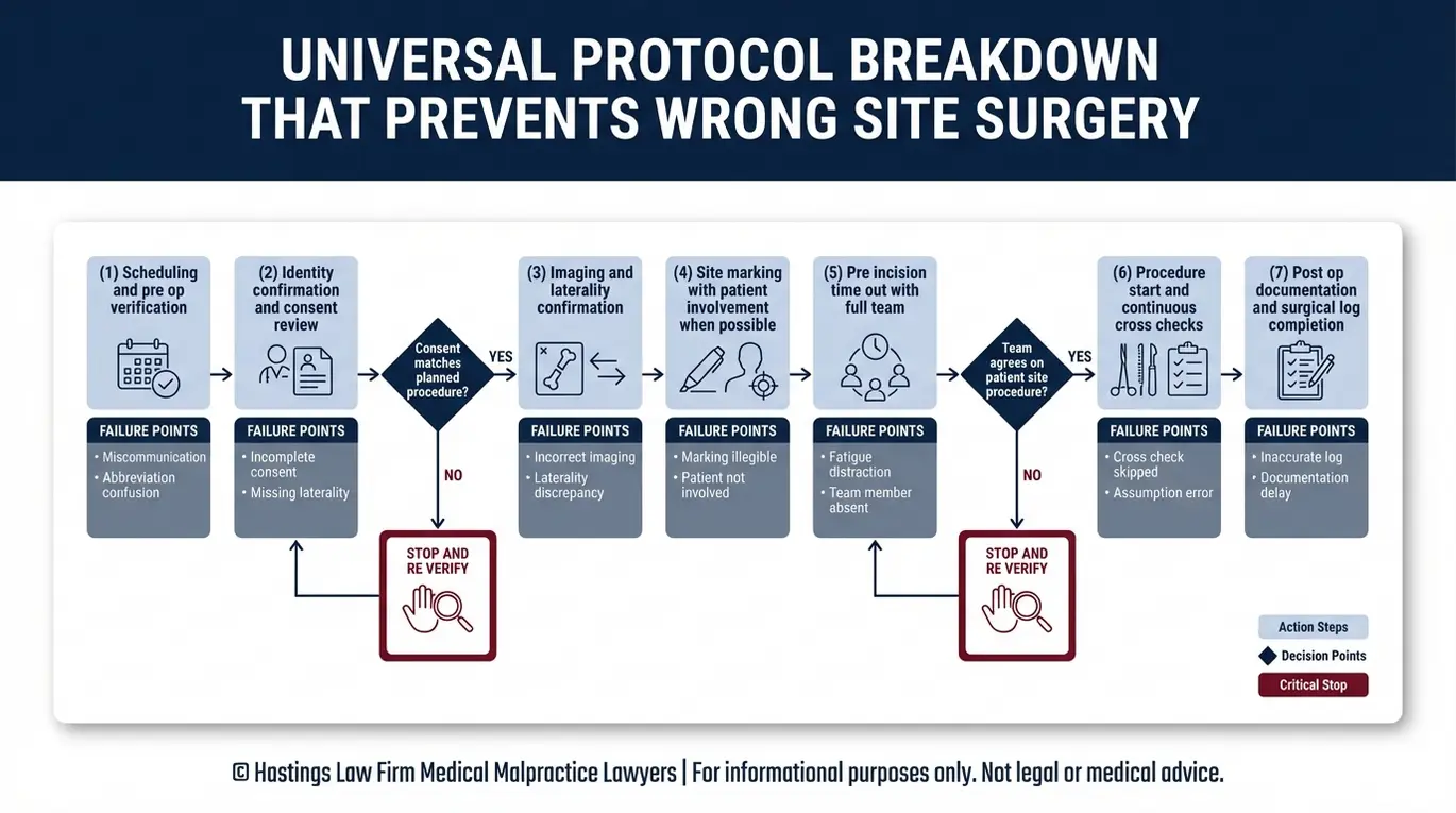 Diagrama de flujo del proceso para la negligencia médica por cirugía en el sitio incorrecto (Texas), en el que se muestran los pasos del Protocolo Universal, incluyendo la verificación del consentimiento, el marcado del sitio, el tiempo de espera y los puntos de decisión de «detener y volver a verificar».