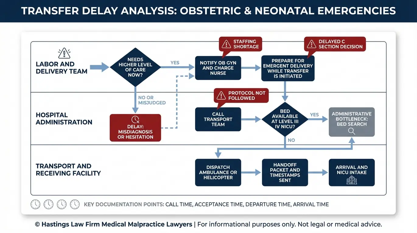 Process flowchart of common transfer delay causes in high risk pregnancy including staffing issues administrative bottlenecks and transport delays relevant to a Texas High Risk Pregnancy Transfer Failure Lawyer review.