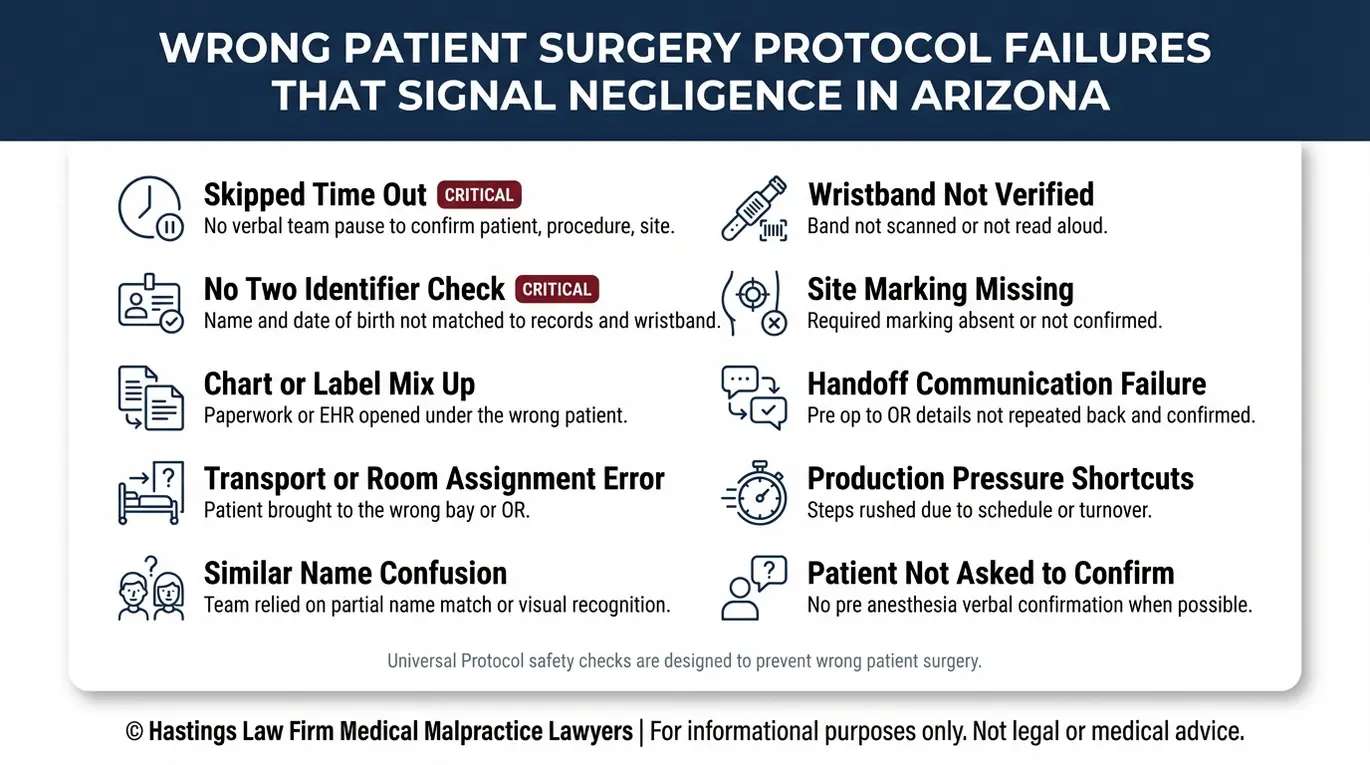 Lista de control de señales de alerta en el quirófano que suelen provocar casos de negligencia médica por cirugía al paciente equivocado en Arizona, incluyendo el incumplimiento del «time out» y la falta de verificación de los dos identificadores.