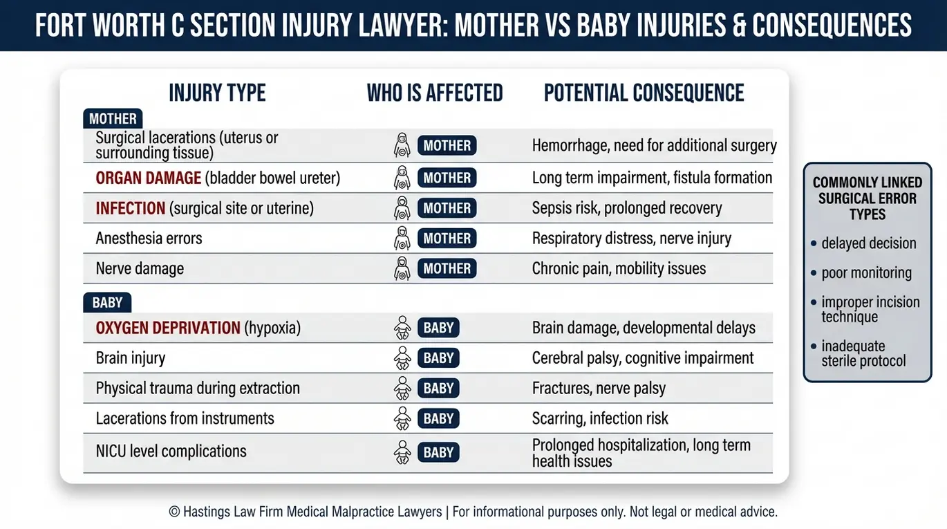 Tabla comparativa para un abogado de Fort Worth especializado en lesiones por cesárea que muestra las lesiones comunes por cesárea en madres y bebés con posibles consecuencias y errores quirúrgicos comúnmente relacionados.