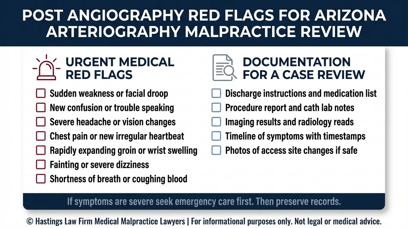 Warning checklist of urgent angiography complication signs and documentation steps for an Arizona Arteriography Malpractice Lawyer consultation.