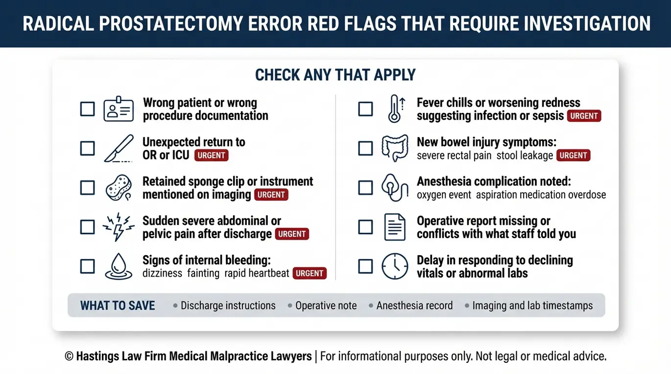 Lista de advertencia de banderas rojas de prostatectomía radical y eventos nunca utilizados por un abogado de errores de cirugía de próstata de Dallas para identificar elementos retenidos errores de sitio equivocado problemas de anestesia y hemorragia interna omitida.