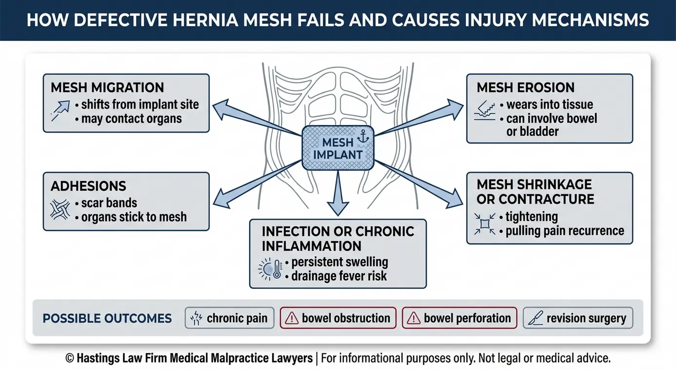 Diagrama conceptual clínico que muestra cómo la migración, la erosión, las adherencias, la contracción y la infección de las mallas para hernias pueden provocar dolor crónico, obstrucción intestinal, perforación intestinal y cirugía de revisión, explicado en el marco del tema «Abogados especializados en mallas para hernias Texas».