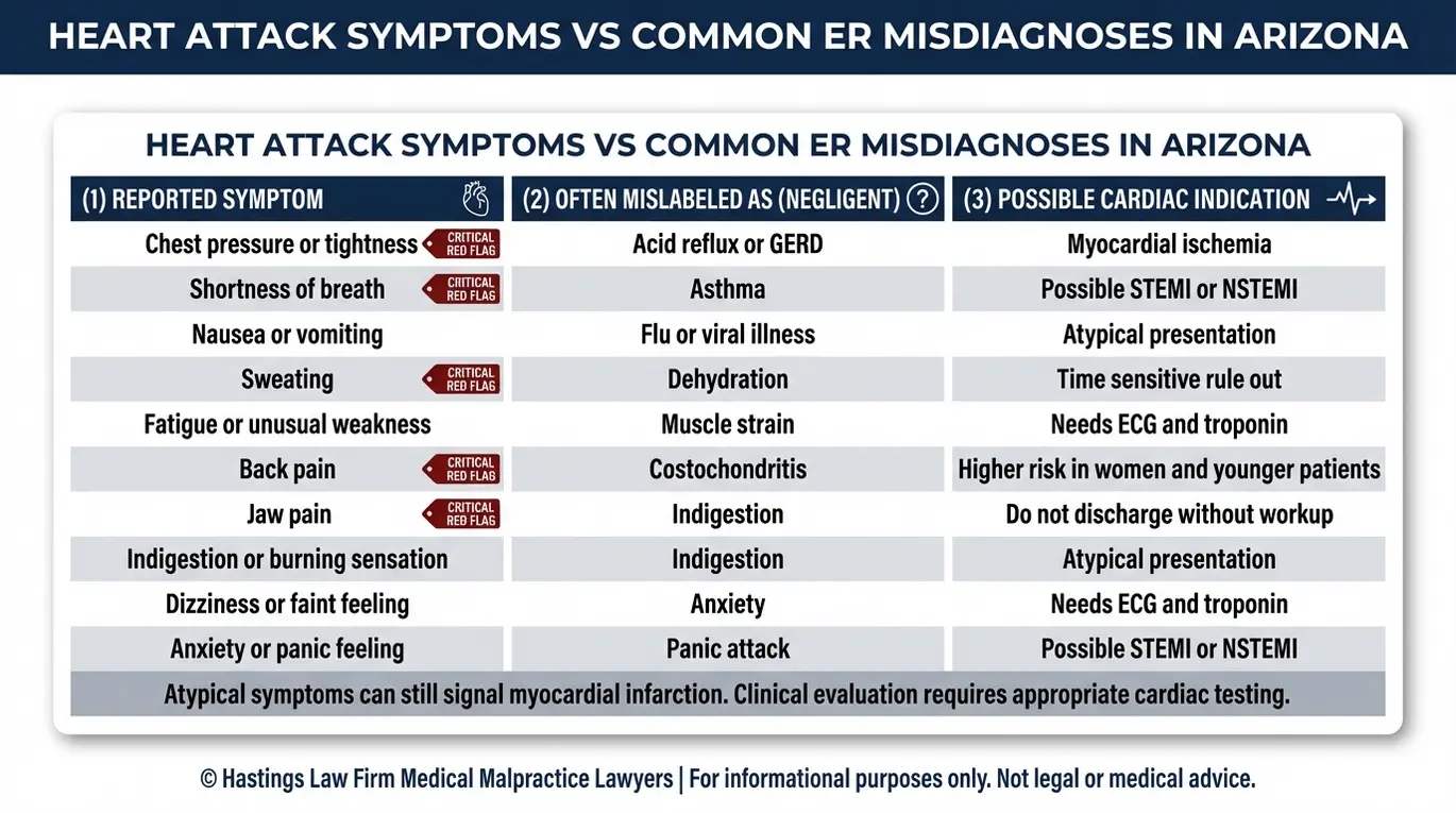 Tabla comparativa que muestra los síntomas notificados, los diagnósticos erróneos habituales en urgencias y las indicaciones cardiacas relevantes para la revisión de un caso de Arizona Heart Attack Misdiagnosis Lawyer.