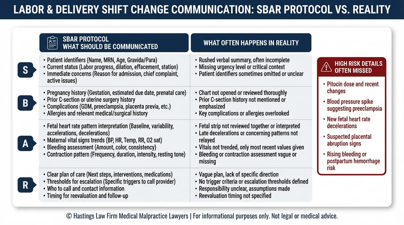 Comparison chart showing SBAR protocol versus real world obstetric handoff communication failures often reviewed by a Texas Labor and Delivery Handoff Failure Lawyer.