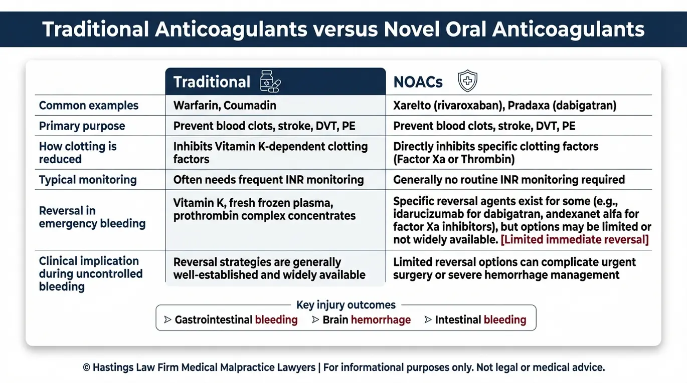Comparison chart for a Texas Blood Thinner Drug Injury Lawyer showing traditional anticoagulants versus NOACs including Xarelto and Pradaxa with monitoring and reversal options and key internal bleeding outcomes.