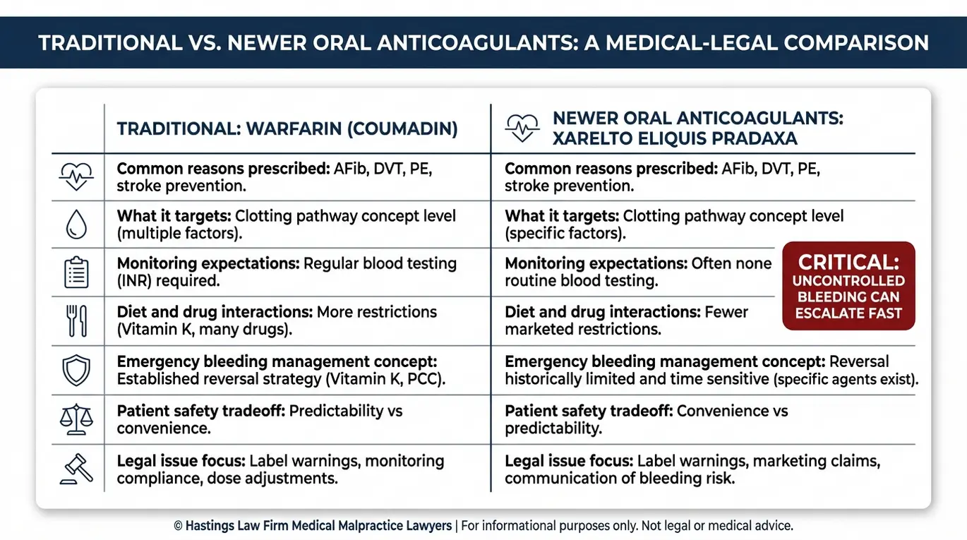Comparison chart for an Arizona Blood Thinner Drug Injury Lawyer showing Warfarin versus Xarelto Eliquis and Pradaxa across monitoring, interactions, and emergency bleeding reversal considerations.