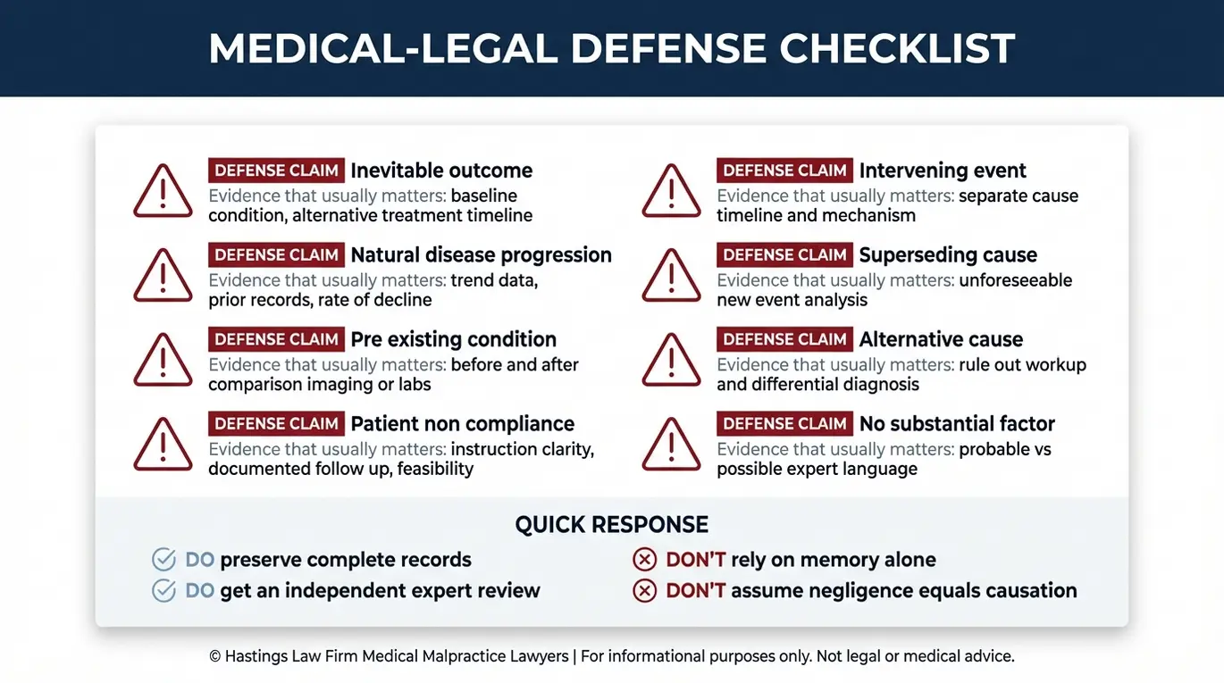 Warning checklist of common defense tactics and key rebuttal evidence categories relevant to proving causation in an Arizona medical malpractice case including pre existing condition and intervening cause.