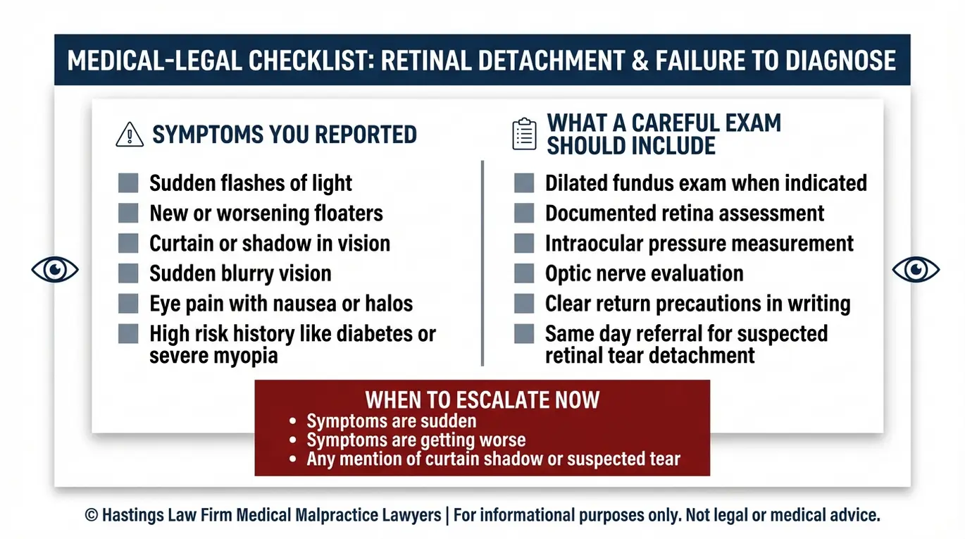 Lista de verificación de alerta para un abogado especializado en negligencia profesional de optometristas Texas, en la que se describen los síntomas de alerta de desprendimiento de retina y glaucoma, así como los pasos del examen que deben documentarse o derivarse con urgencia.