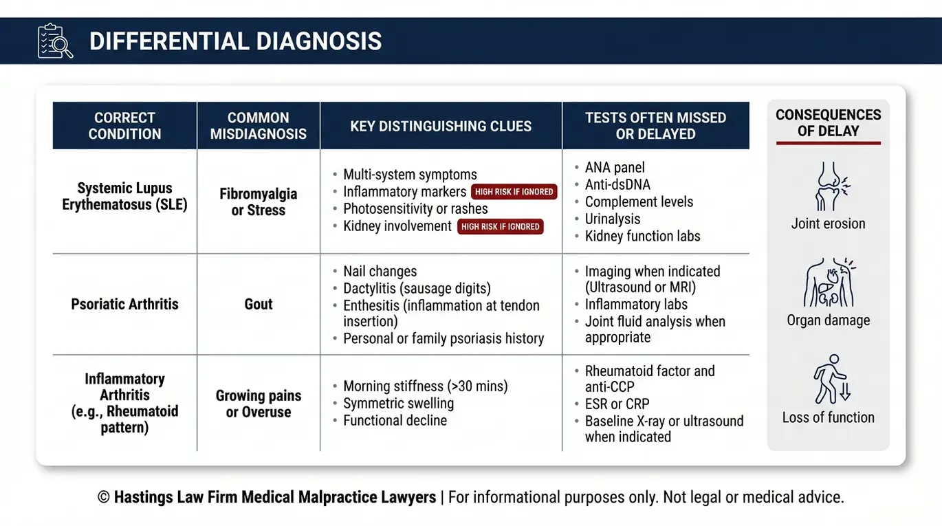 Tabla comparativa de casos de abogados especializados en negligencia médica de reumatólogos de Arizona, en la que se muestran los diagnósticos autoinmunes correctos frente a los errores de diagnóstico más comunes, con indicios distintivos y pruebas que suelen pasarse por alto.
