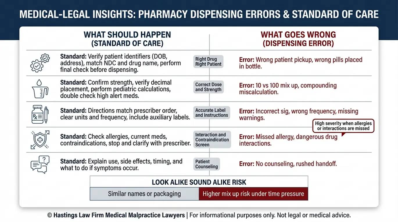 Tabla comparativa elaborada por un abogado especializado en negligencia profesional farmacéutica de Texas que muestra los controles de seguridad estándar en farmacia frente a los errores comunes en la dispensación, entre los que se incluyen la administración de un medicamento incorrecto, una dosis incorrecta, errores de etiquetado, interacciones no detectadas y la falta de asesoramiento.