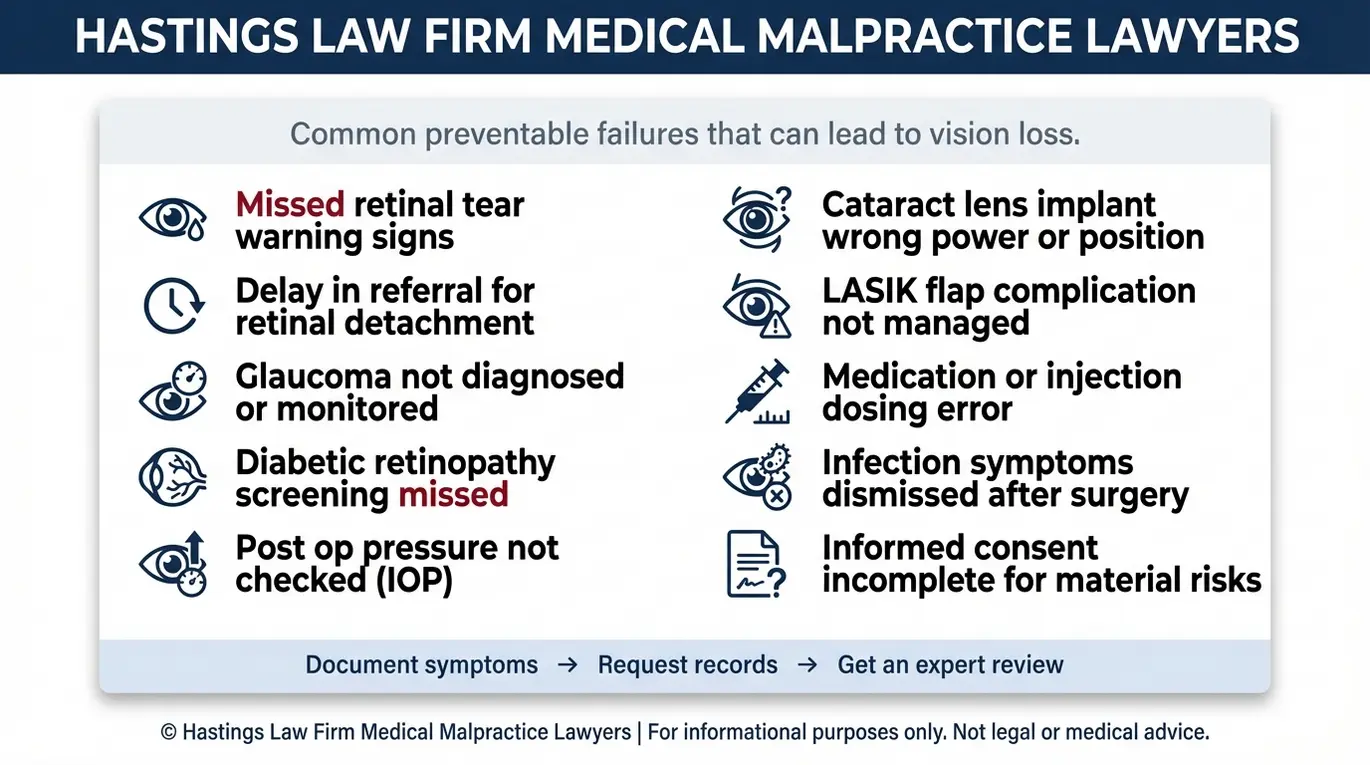 Lista de verificación de advertencias para abogados especializados en negligencia médica oftalmológica en Arizona, que enumera los signos comunes de negligencia de los oftalmólogos, incluyendo la falta de detección de síntomas de desprendimiento de retina, fallos en el control del glaucoma y errores quirúrgicos en la cirugía de cataratas o LASIK.
