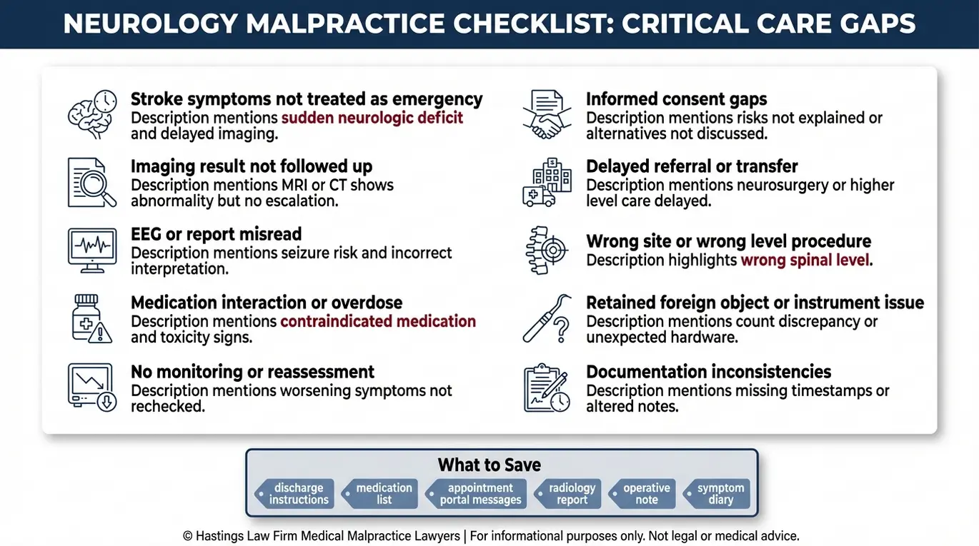 Warning checklist of red flags and documents to save when considering an Arizona Neurologist Malpractice Lawyer for misdiagnosis medication errors stroke delays and neurosurgery mistakes.