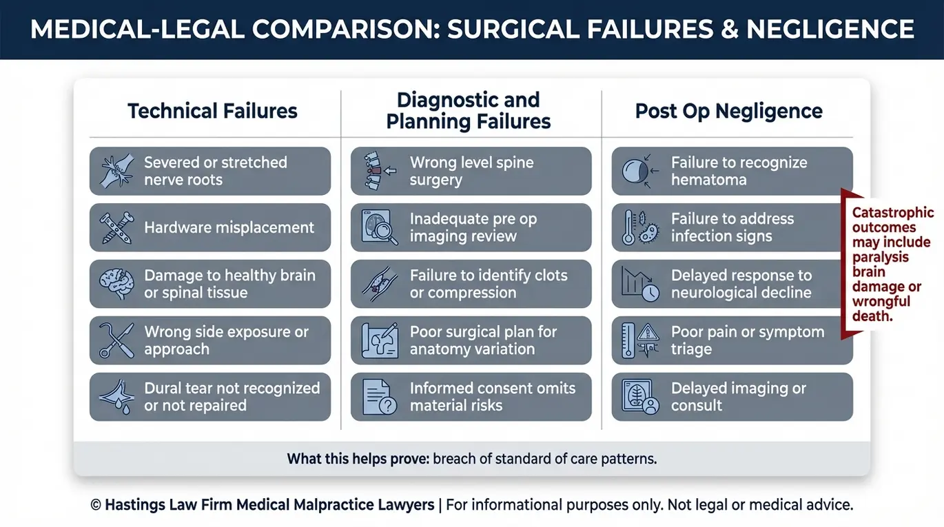 Tabla comparativa de los errores más comunes en los casos de abogados especializados en negligencia médica de neurocirujanos de Arizona, agrupados en fallos técnicos, fallos de diagnóstico y planificación, y negligencia posoperatoria, con ejemplos como cirugía en el nivel incorrecto, lesión nerviosa y hematoma no detectado.