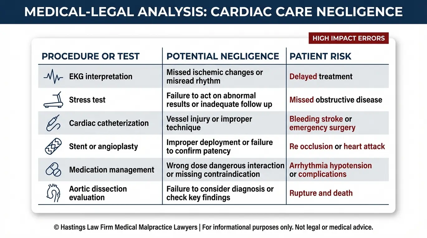 Tabla comparativa de errores comunes de negligencia médica en cardiología en Texas que revisa un abogado especializado en negligencia médica de Texas, incluyendo pruebas de esfuerzo con ECG, cateterismos, angioplastias con stent, manejo de medicamentos y fallos en el tratamiento de la disección aórtica, junto con los riesgos para los pacientes.