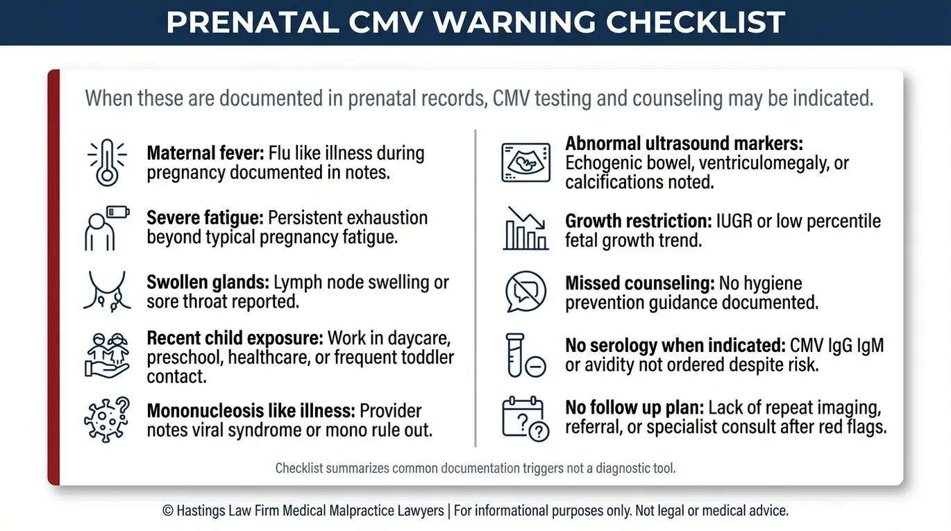 Warning checklist of red flags tied to Arizona Missed Congenital CMV Lawyer claims including maternal symptoms ultrasound markers and missing CMV testing or counseling.