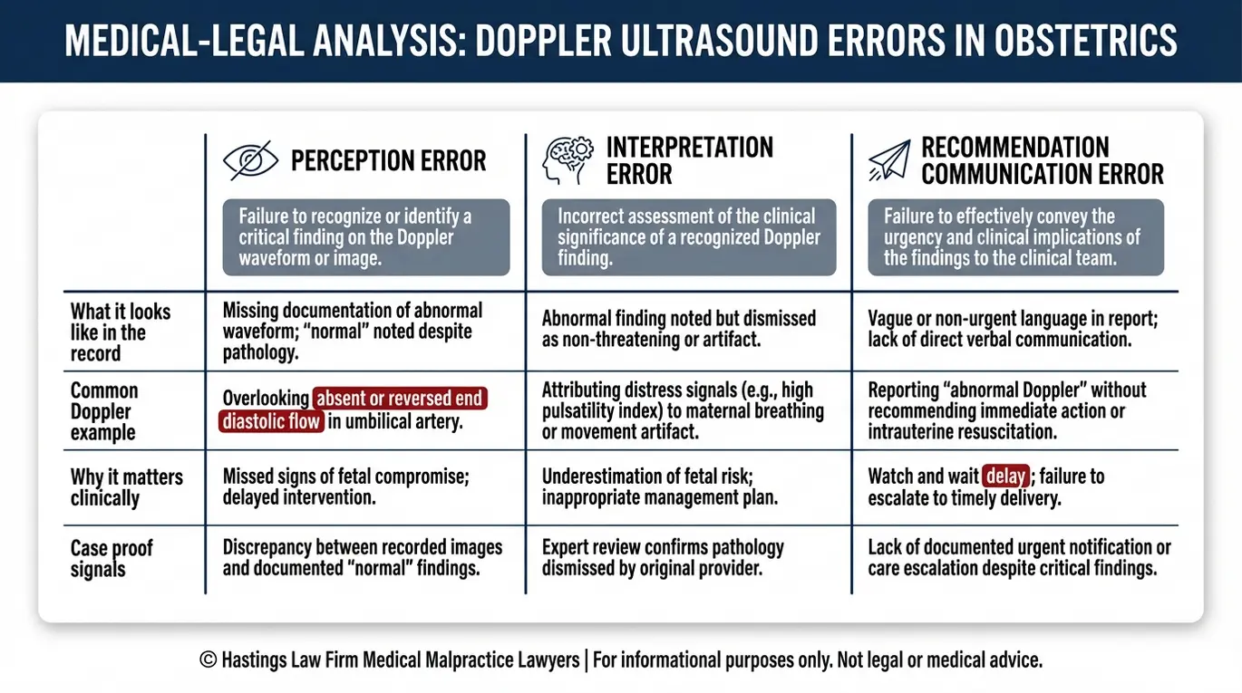 Comparison chart explaining how a Texas Abnormal Doppler Ultrasound Malpractice Lawyer evaluates perception error versus interpretation error versus recommendation communication error using Doppler findings and medical record proof signals.