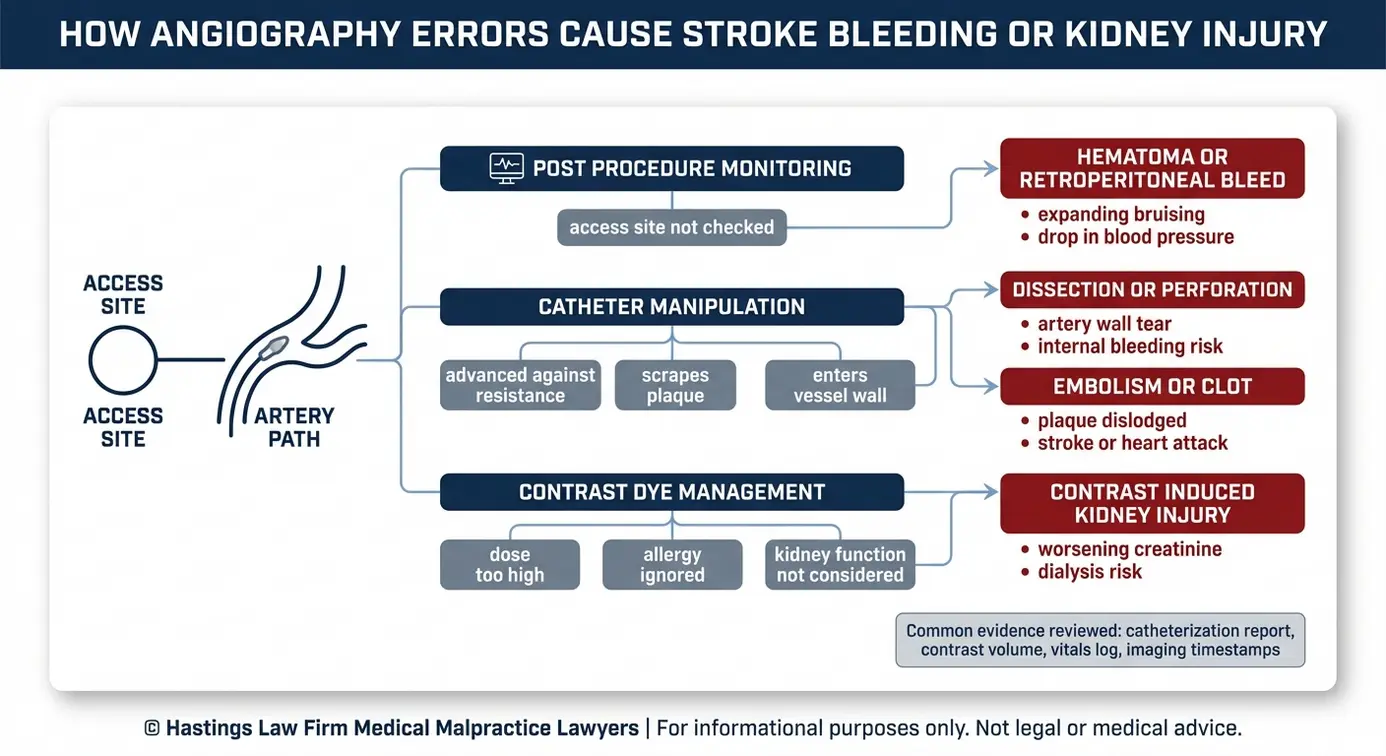 Clinical concept diagram linking angiography errors to stroke bleeding and kidney injury for a Texas Arteriography Malpractice Lawyer claim.
