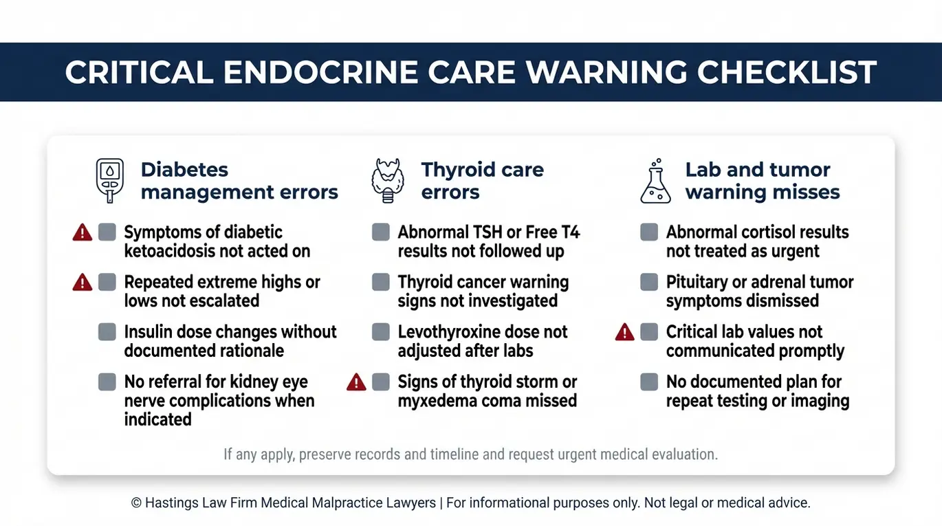 Lista de verificación de señales de alerta de negligencia médica por parte de endocrinólogos para un caso de un abogado especializado en negligencia médica de endocrinólogos Texas, que incluye diagnósticos erróneos de cetoacidosis diabética (CAD), fallos en el seguimiento de los análisis de tiroides y signos de alerta de tumores hipofisarios y suprarrenales.