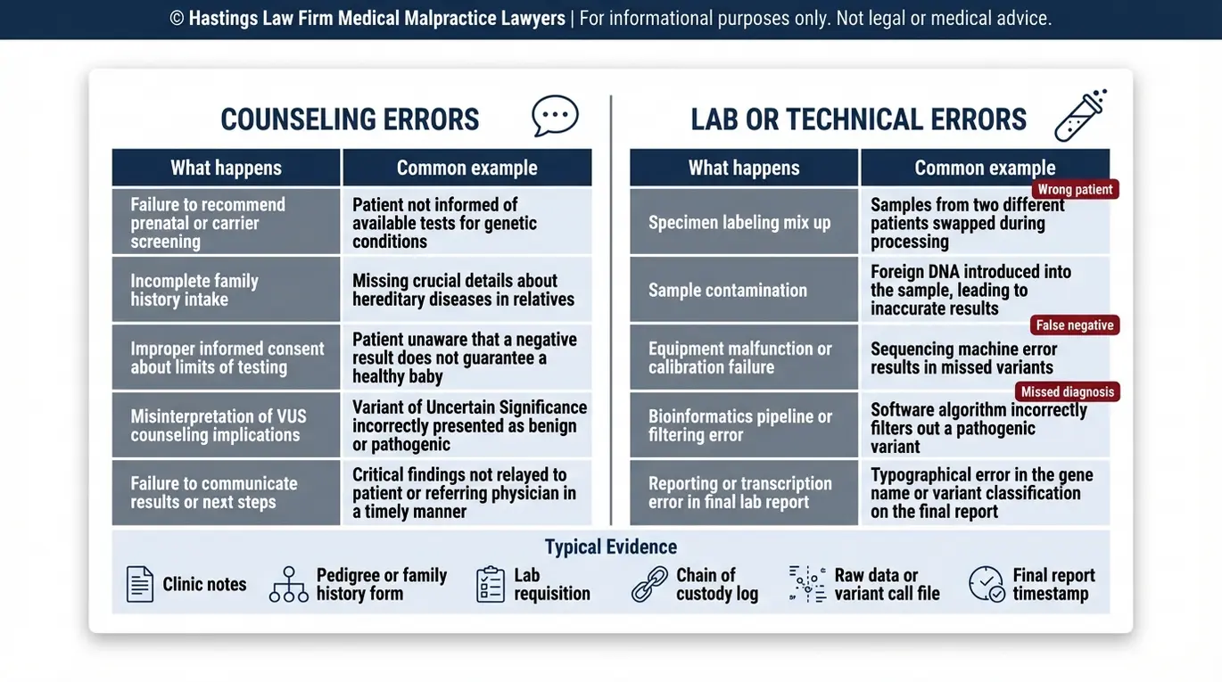 Comparison chart showing counseling errors versus lab technical errors that can support an Arizona Medical Geneticist Malpractice Lawyer claim including failure to recommend screening specimen labeling mix ups sample contamination and failure to communicate results.