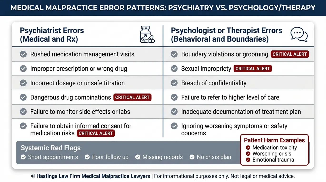 Tabla comparativa que explica los conceptos relacionados con los abogados especializados en negligencia profesional de psicólogos y psiquiatras en Arizona, mediante el contraste entre los errores de prescripción y seguimiento de los psiquiatras y las violaciones de los límites profesionales y de la confidencialidad por parte de los psicólogos terapeutas, además de las señales de alerta sistémicas.