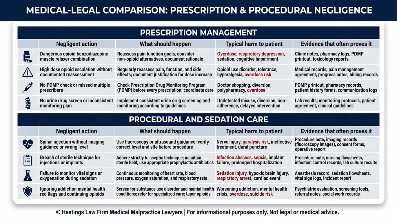 Tabla comparativa para un abogado especializado en negligencia médica del Centro de Tratamiento del Dolor Texas, en la que se muestran las negligencias más comunes en clínicas del dolor, lo que debería haber ocurrido, los daños típicos sufridos por los pacientes y los registros que pueden demostrar el error.