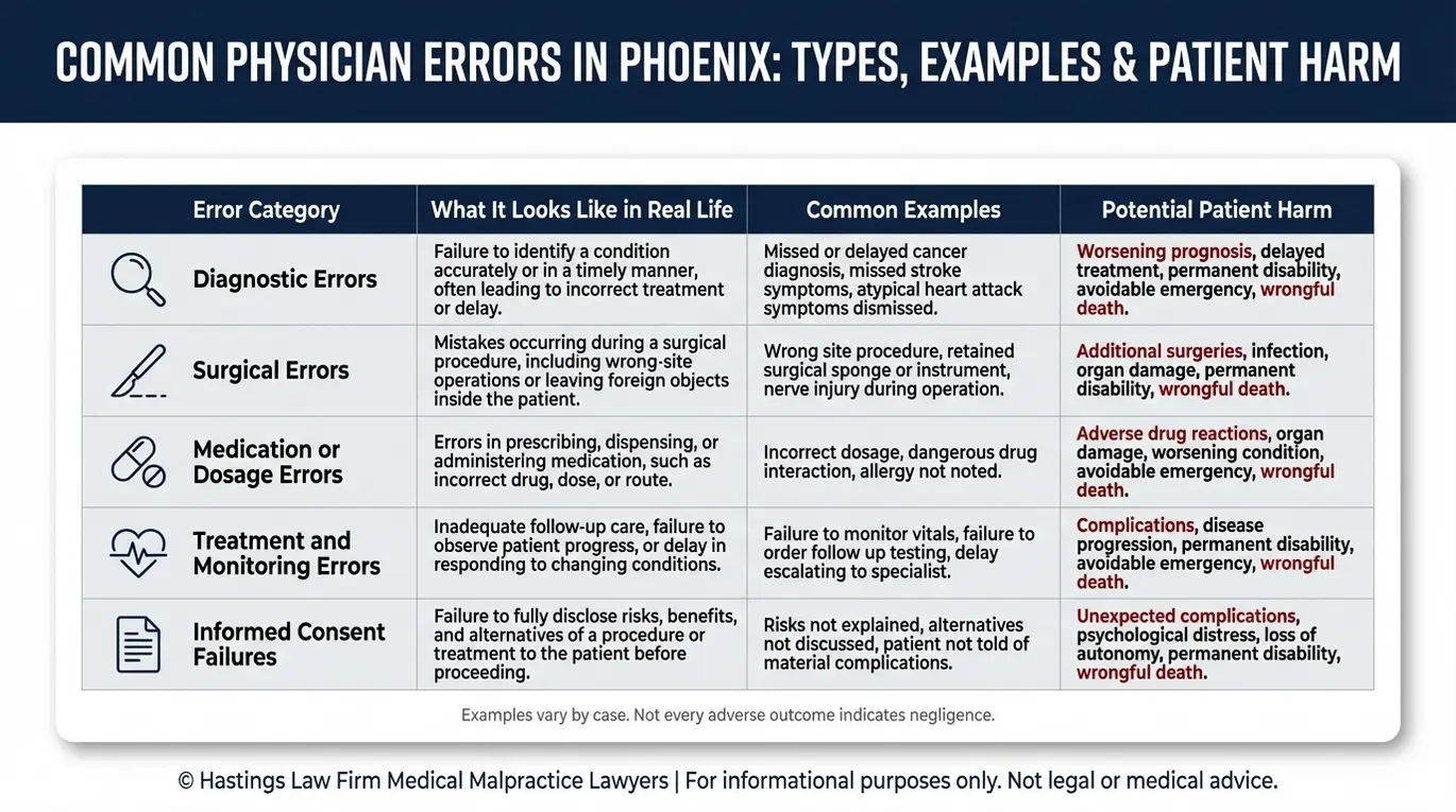 Tabla comparativa que muestra los errores médicos más comunes y ejemplos utilizados por un abogado especializado en negligencia médica de Phoenix para evaluar las demandas por negligencia.