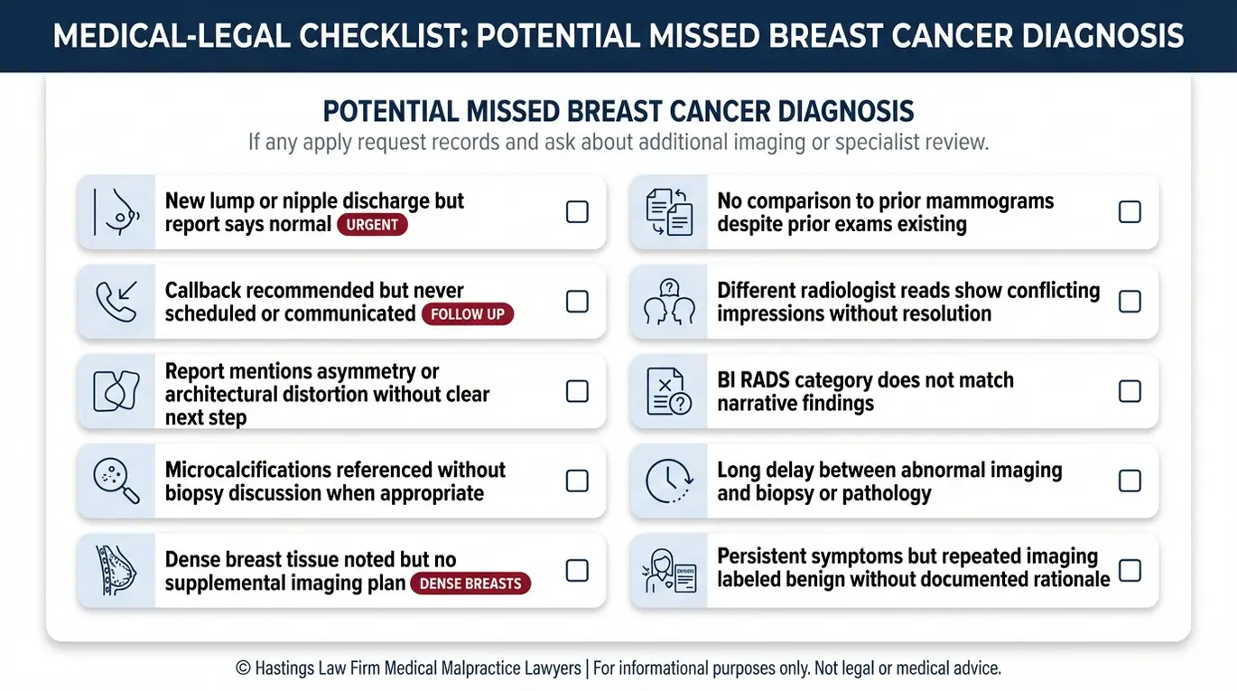Warning checklist of radiologist red flags used by a Texas mammography malpractice lawyer to evaluate possible missed microcalcifications, dense breast tissue follow up failures, and delayed biopsy after abnormal mammogram findings.