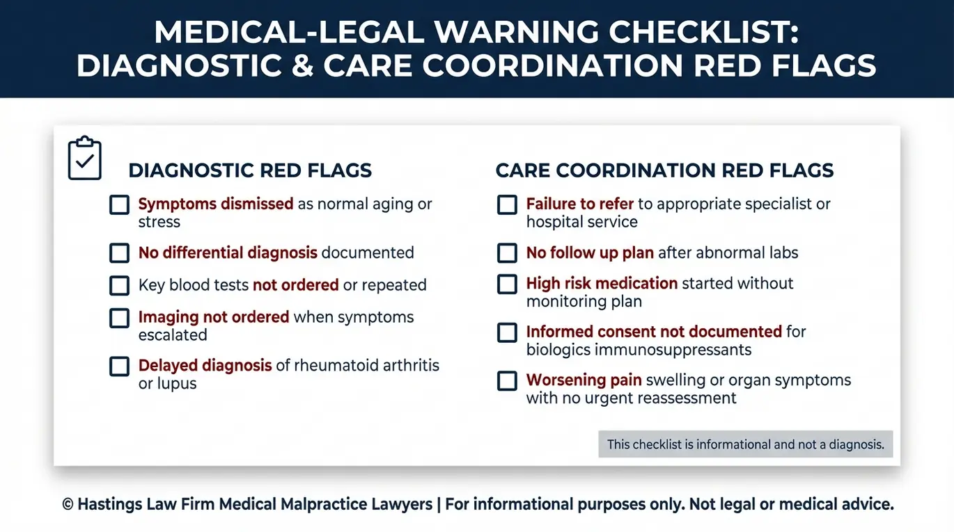 Lista de verificación de advertencias para un abogado especializado en negligencia médica de reumatólogos de Texas, en la que se enumeran señales de alerta relacionadas con el diagnóstico y la coordinación de la atención, tales como retrasos en el diagnóstico, análisis de sangre omitidos, falta de pruebas de imagen y un control inadecuado de la medicación.