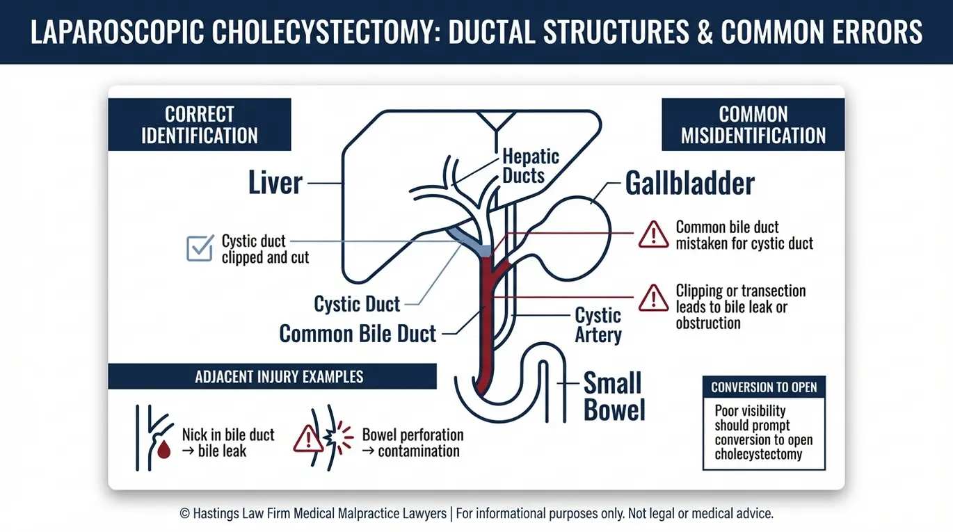 Diagrama clínico que muestra cómo una identificación errónea de la anatomía de la vesícula biliar durante su extirpación puede provocar lesiones en los conductos biliares y perforación intestinal, para un tema sobre abogados especializados en errores quirúrgicos de vesícula biliar (Texas).
