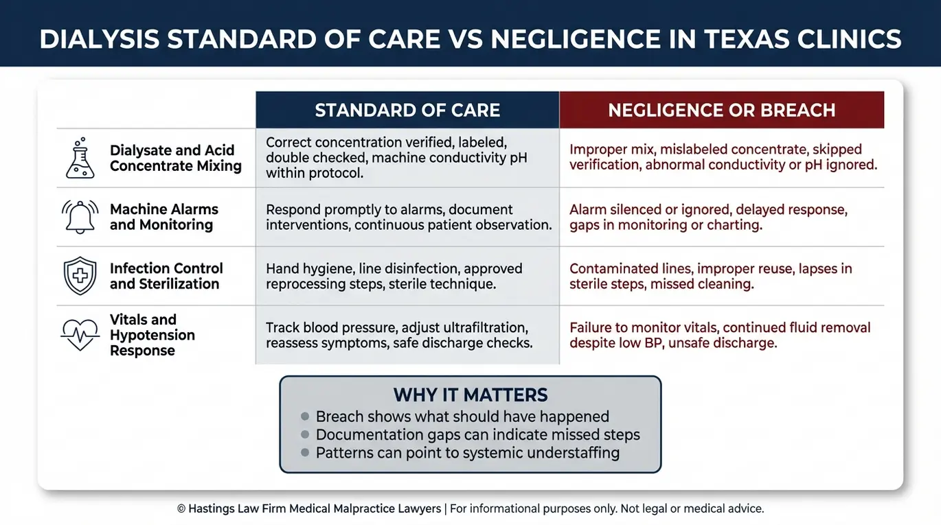 Tabla comparativa de casos de negligencia médica en diálisis de Texas, en la que se comparan los estándares de atención en diálisis con los casos de negligencia en lo relativo a la supervisión de alarmas de las máquinas mezcladoras de dializado, el control de infecciones y la respuesta ante la hipotensión.