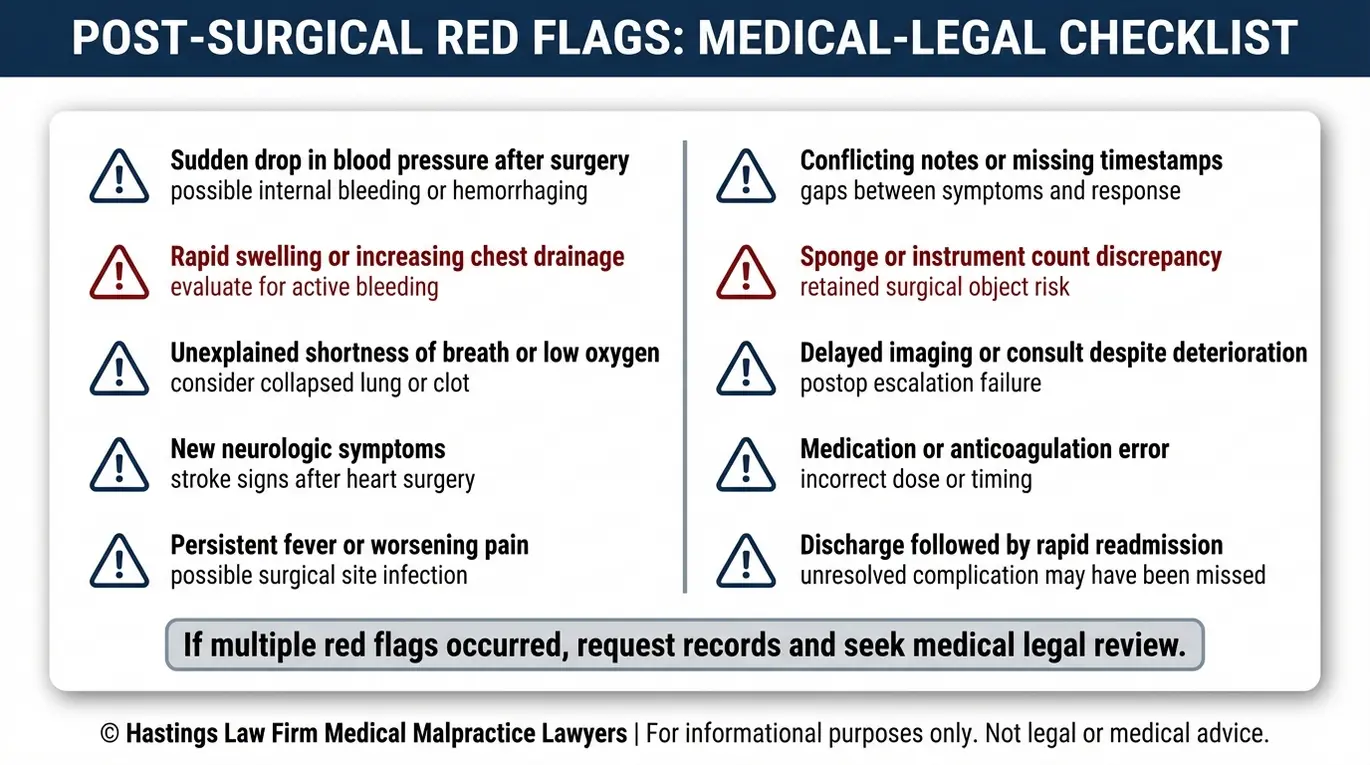 Warning checklist of thoracic surgery malpractice red flags for patients in Texas including internal bleeding signs, infection indicators, stroke symptoms, retained surgical object clues, and documentation gaps reviewed by a Texas Thoracic Surgeon Malpractice Lawyer.