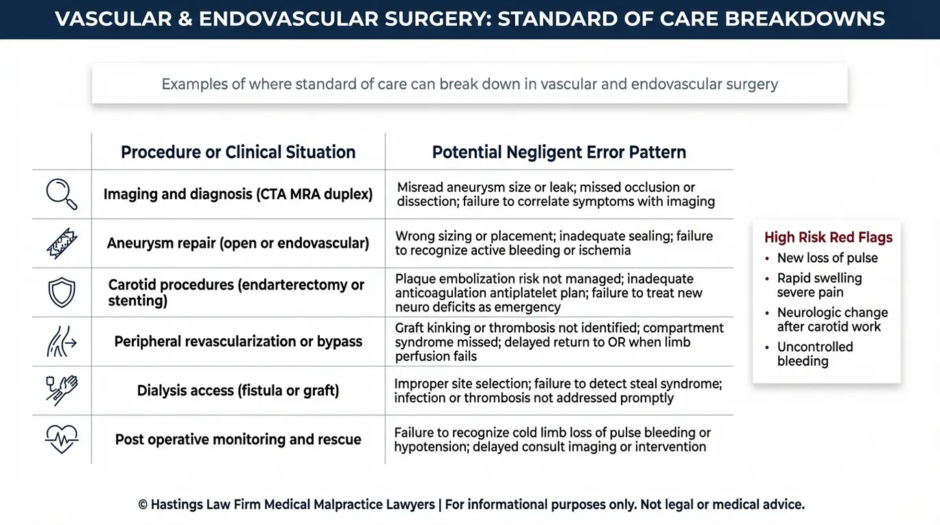 Tabla comparativa para un abogado especializado en negligencia médica de cirujanos vasculares Texas, en la que se muestran los procedimientos habituales de cirugía vascular y los patrones de error por negligencia que pueden suponer un incumplimiento del estándar de atención.
