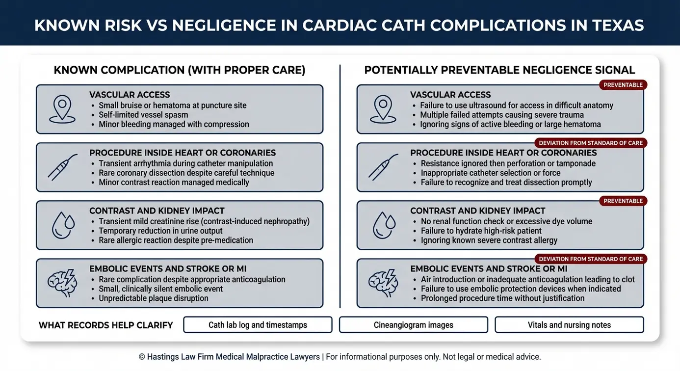 Comparison chart explaining known risk versus negligence factors a Texas Cardiac Catheterization Complications Lawyer evaluates after heart catheterization injuries.
