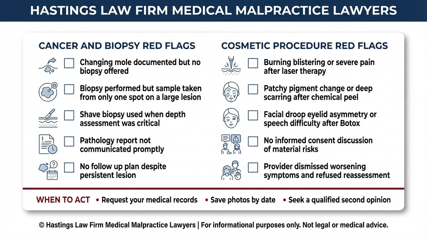 Lista de verificación de advertencias para un abogado especializado en negligencia médica dermatológica Texas, que enumera señales de alerta sobre diagnósticos erróneos de melanoma, errores en biopsias y análisis patológicos, además de signos de lesiones estéticas tras tratamientos con láser, peelings químicos y Botox.