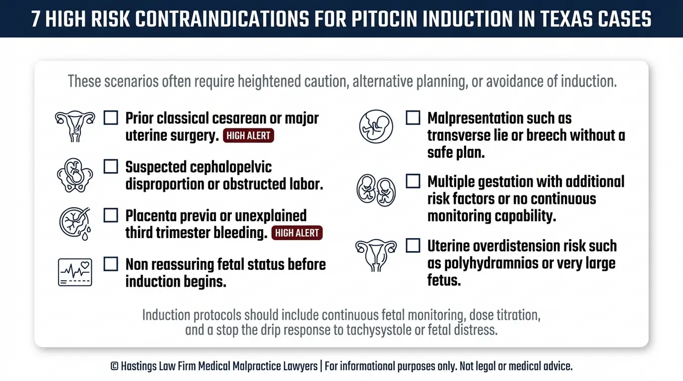 Checklist of seven common contraindications and high risk scenarios tied to Texas Failed Induction of Labor Lawyer claims involving Pitocin induction errors.